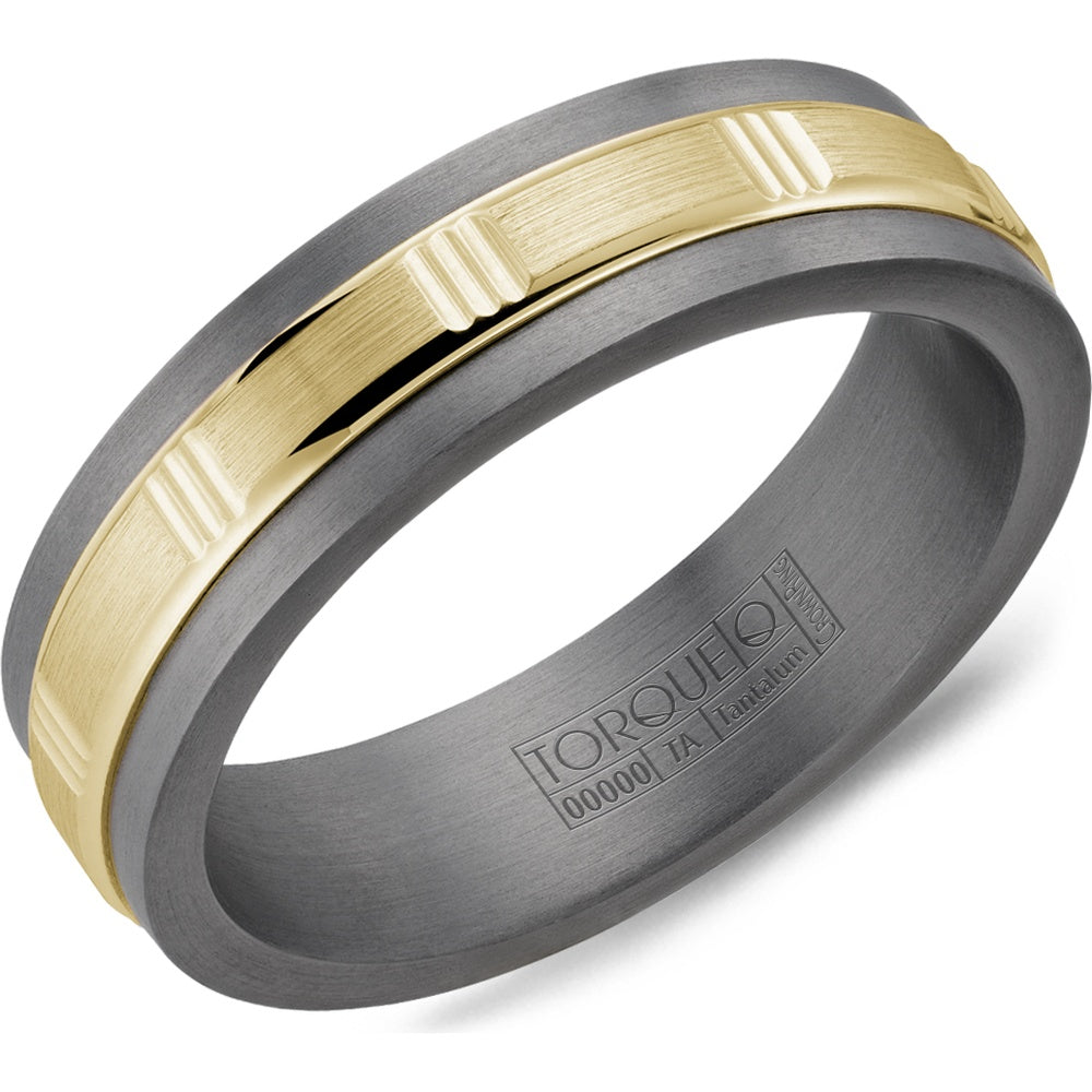 Torque Men's Wedding Band - Two-Tone with 14K Yellow Gold Satin Inlay and Tantalum Edges - 6mm Width from the Tantalum & Gold Collection