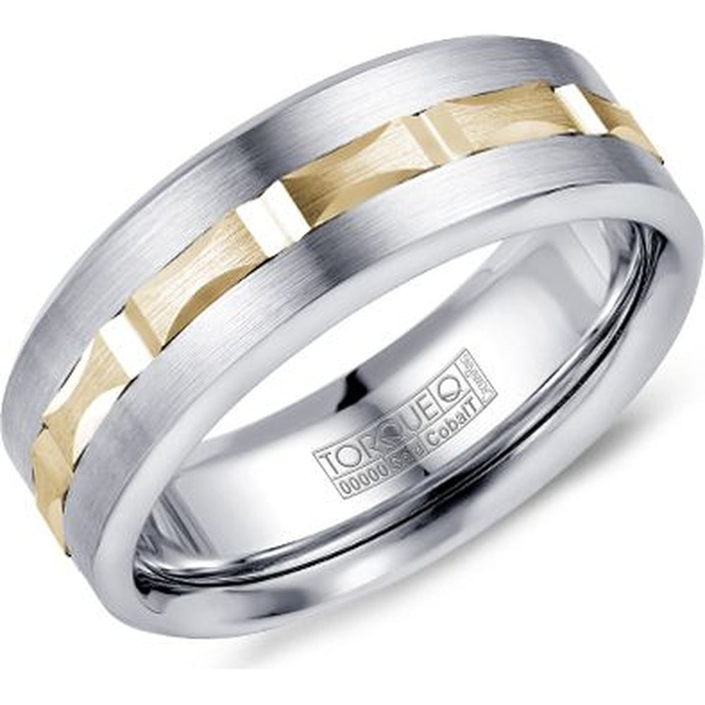 Torque Men's Wedding Band - Two-Tone with 14K Yellow Gold Textured Inlay and White Cobalt Edges - 7.5mm Width from the Cobalt Collection