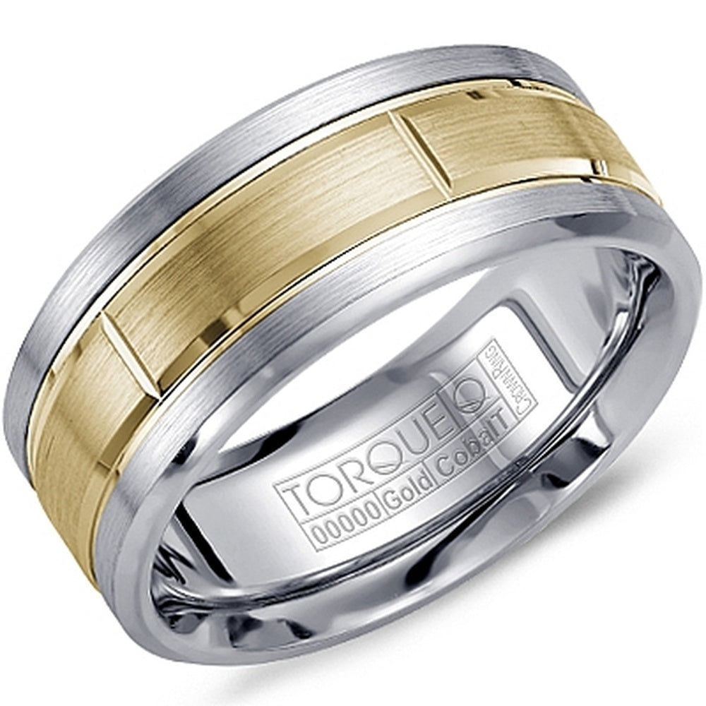 Torque Men's Wedding Band - Two-Tone with 18K Yellow Gold Sandpaper Inlay and White Cobalt Edges - 9mm Width from the Cobalt Collection