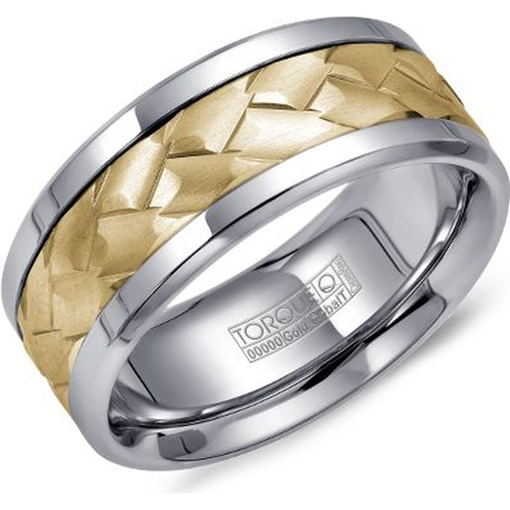 Torque Men's Wedding Band - Two-Tone with Braided 14K Yellow Gold Center and White Cobalt Edges - 9mm Width from the Cobalt Collection