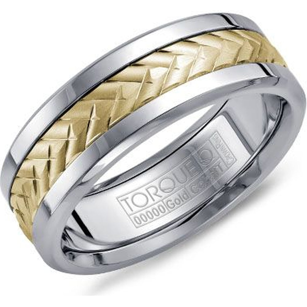 Torque Men's Wedding Band - Two-Tone with Braided 14K Yellow Gold Inlay and White Cobalt Edges - 7.5mm Width from the Cobalt Collection