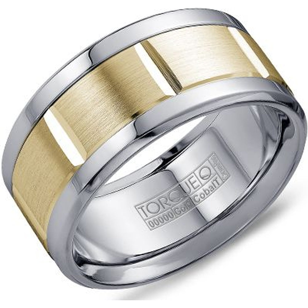 Torque Men's Wedding Band - Two-Tone with Brushed 14K Yellow Gold Inlay and High-Polish White Cobalt Edges - 10.5mm Width from the Cobalt Collection