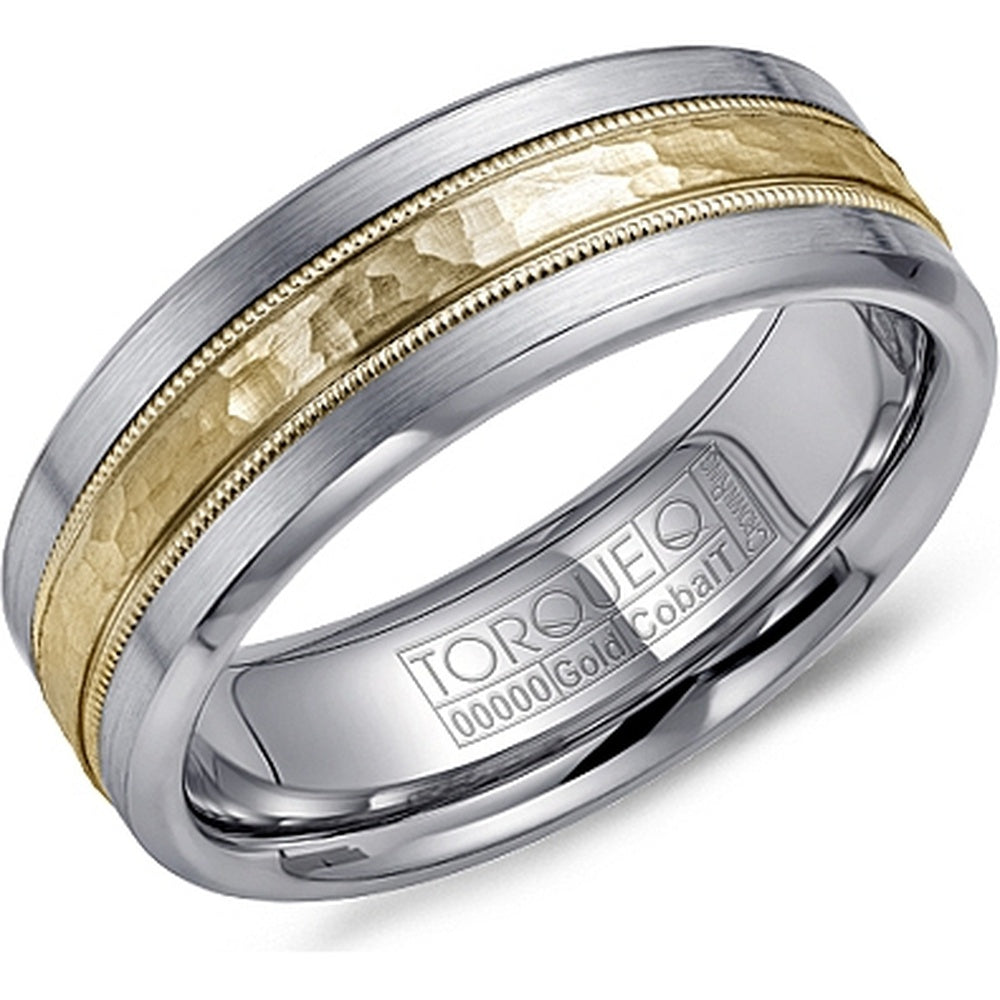 Torque Men's Wedding Band - Two-Tone with Hammered 14K Yellow Gold Inlay and White Cobalt Edges - 7.5mm Width from the Cobalt Collection