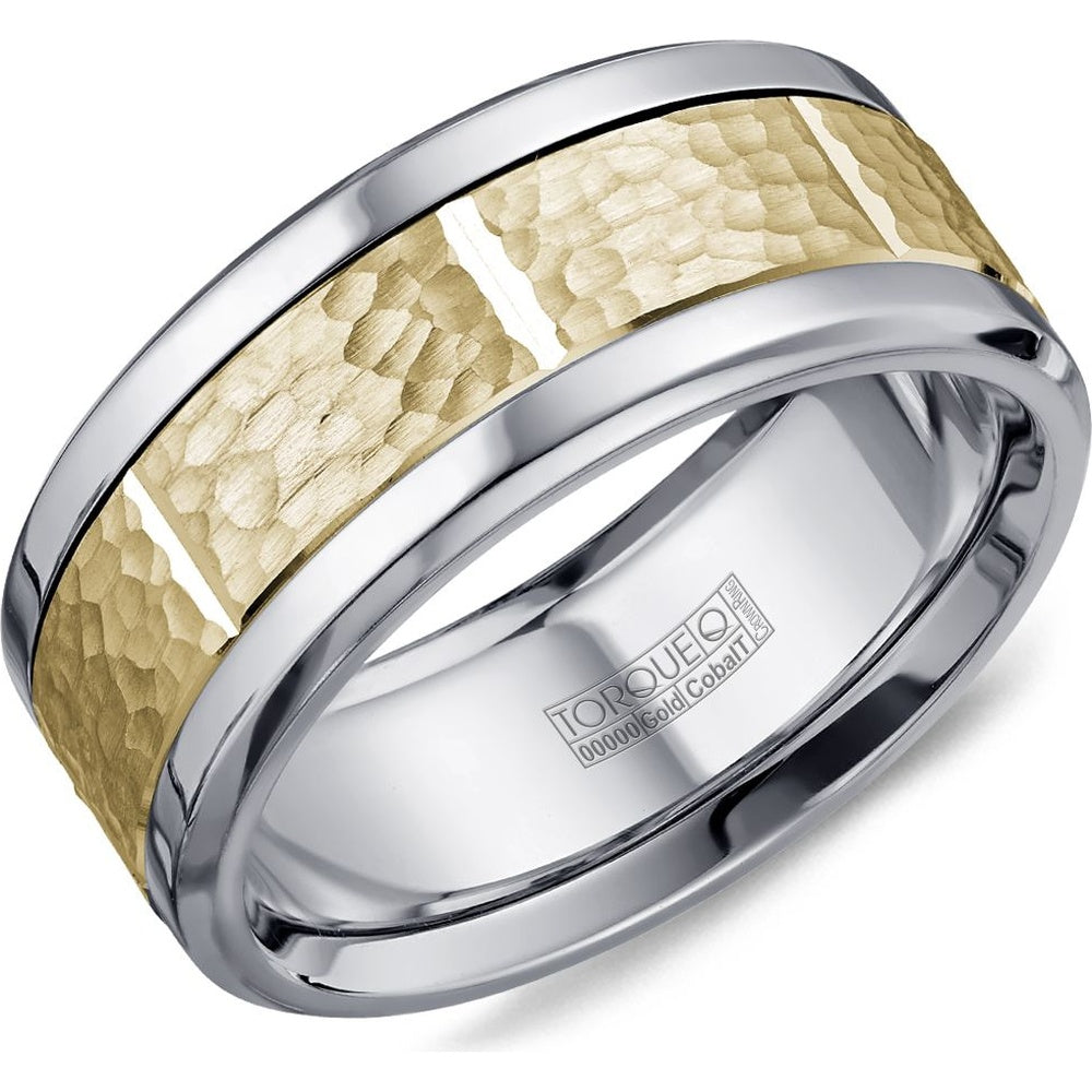 Torque Men's Wedding Band - Two-Tone with Hammered 14K Yellow Gold Inlay and White Cobalt Edges - 9mm Width from the Cobalt Collection