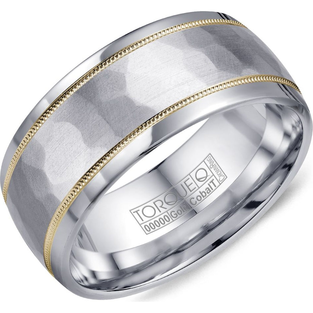 Torque Men's Wedding Band - Two-Tone with Hammered Sandpaper Center and 14K Yellow Gold Milgrain Edges in White Cobalt - 9mm Width from the Cobalt Collection