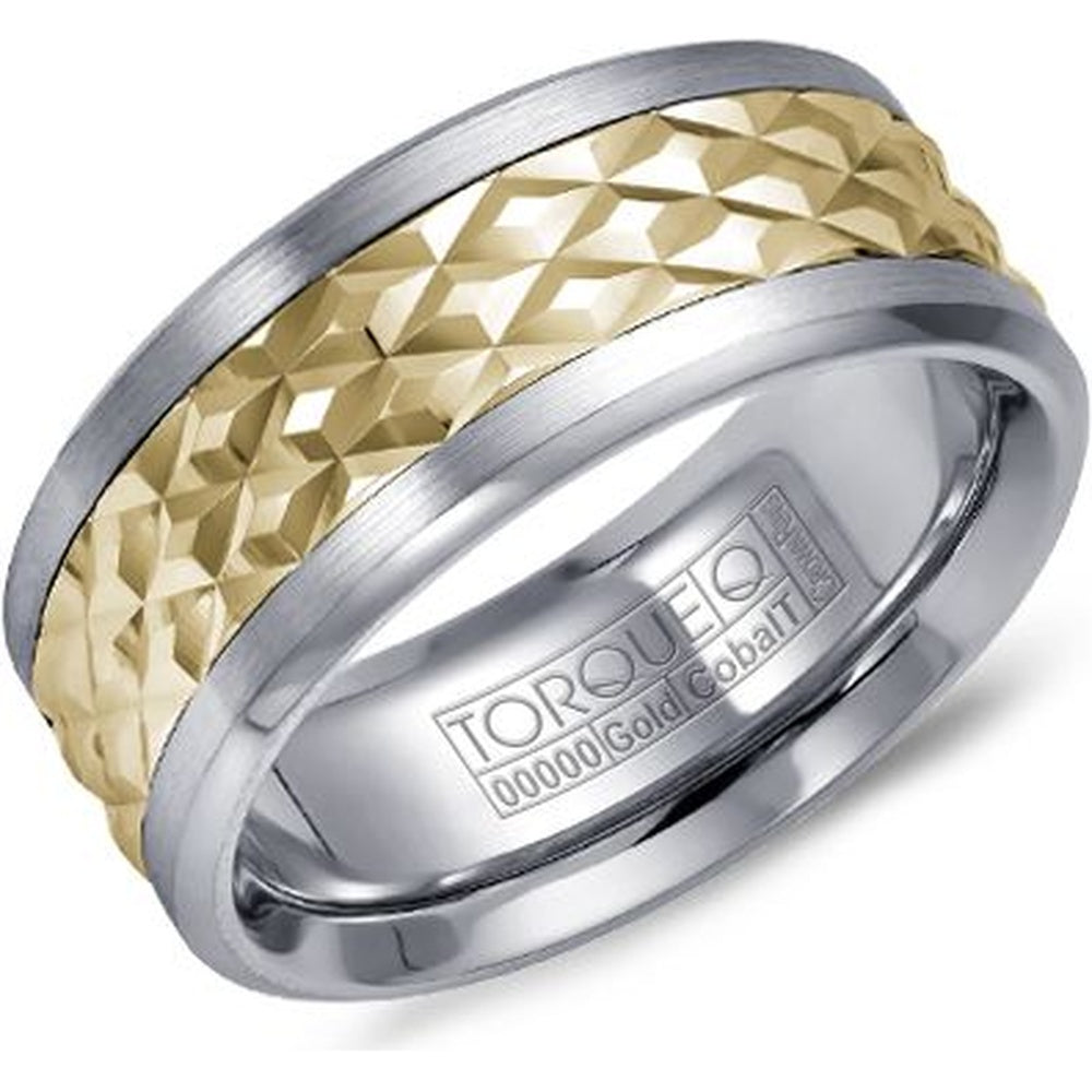 Torque Men's Wedding Band - Two-Tone with Quilted 14K Yellow Gold Inlay and White Cobalt Edges - 9mm Width from the Cobalt Collection