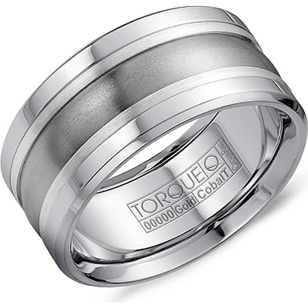 Torque Men's Wedding Band - Two-Tone with Silver and Titanium Inlay and White Cobalt Edges - 10.5mm Width from the Cobalt Collection