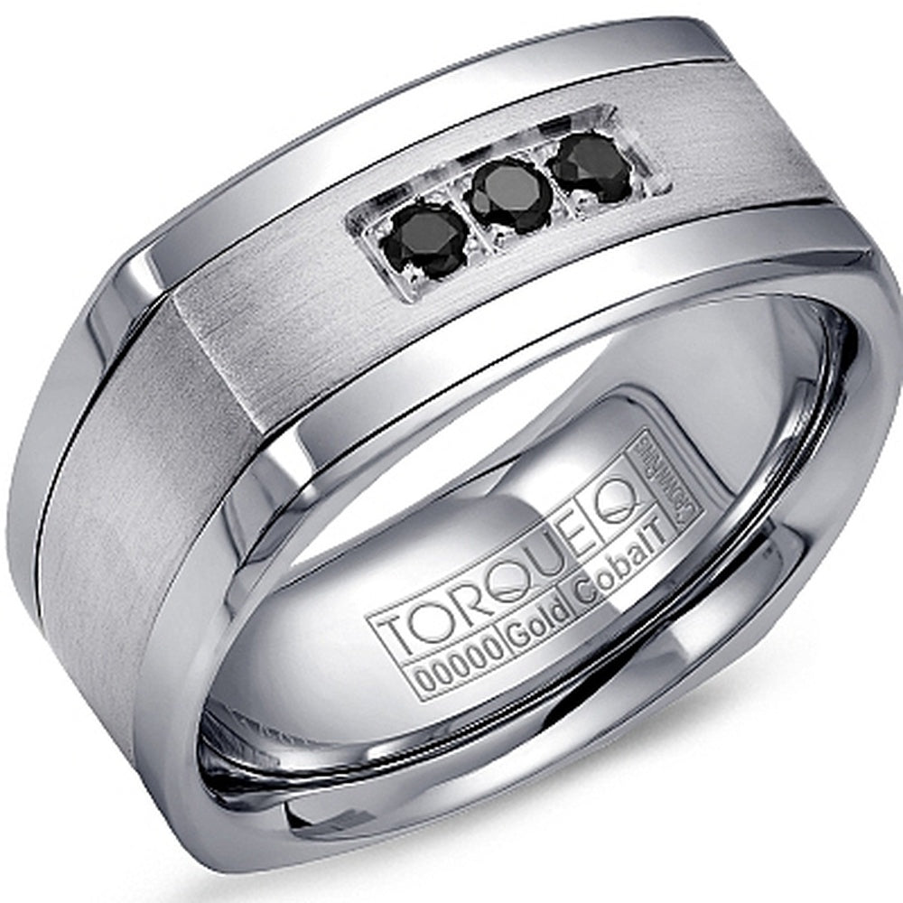 Torque Men's Wedding Band - White Cobalt and 14K White Gold with 0.16 Carat Black Round Diamond Three-Stone Inlay - 9mm Width from the Cobalt Collection
