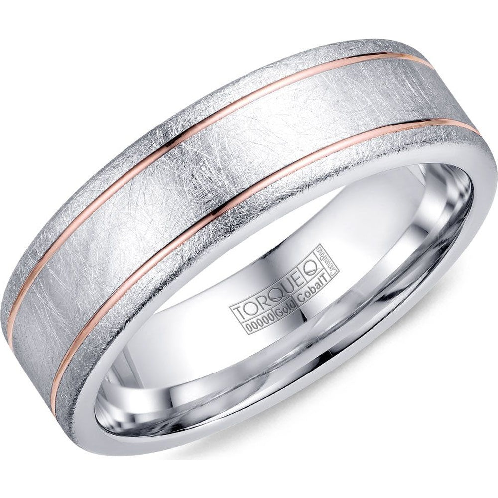Torque Men's Wedding Band - White Cobalt with 14K Rose Gold Inlay and Diamond Brush Finish - 7mm Width from the Cobalt Collection