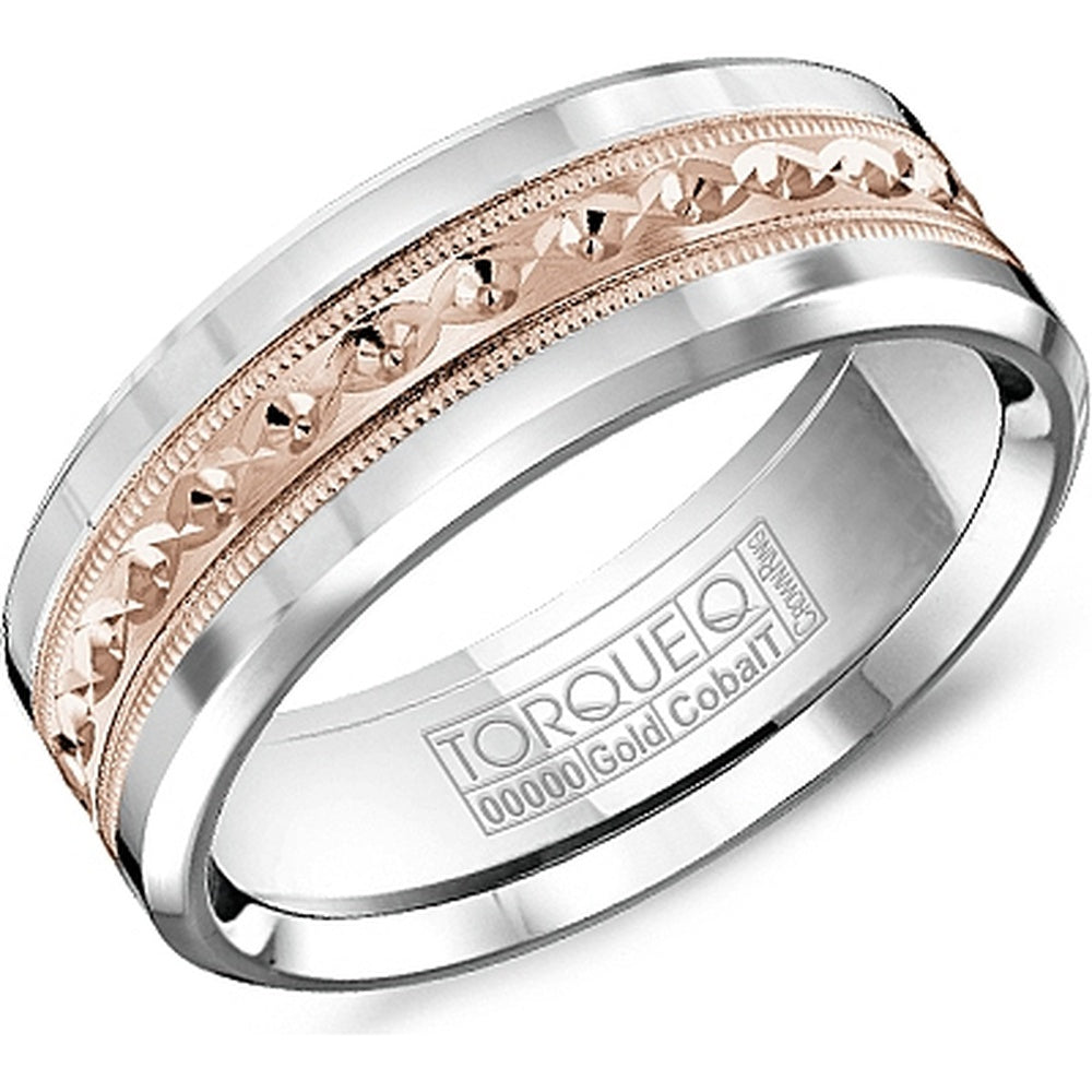 Torque Men's Wedding Band - White Cobalt with 14K Rose Gold Sandpaper Bevel Inlay and Milgrain Edges - 7.5mm Width from the Cobalt Collection