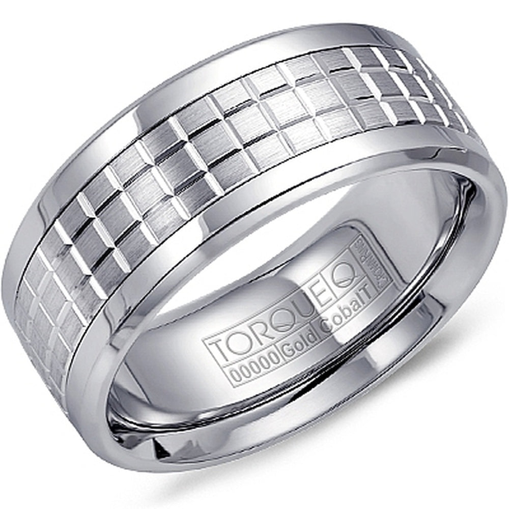 Torque Men's Wedding Band - White Cobalt with 14K White Gold Checkered Inlay - 9mm Width from the Cobalt Collection