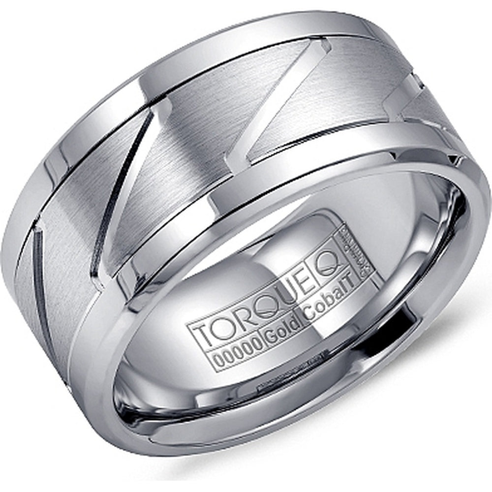 Torque Men's Wedding Band - White Cobalt with 14K White Gold Diagonal Inlay and Sandblast Center - 10.5mm Width from the Cobalt Collection