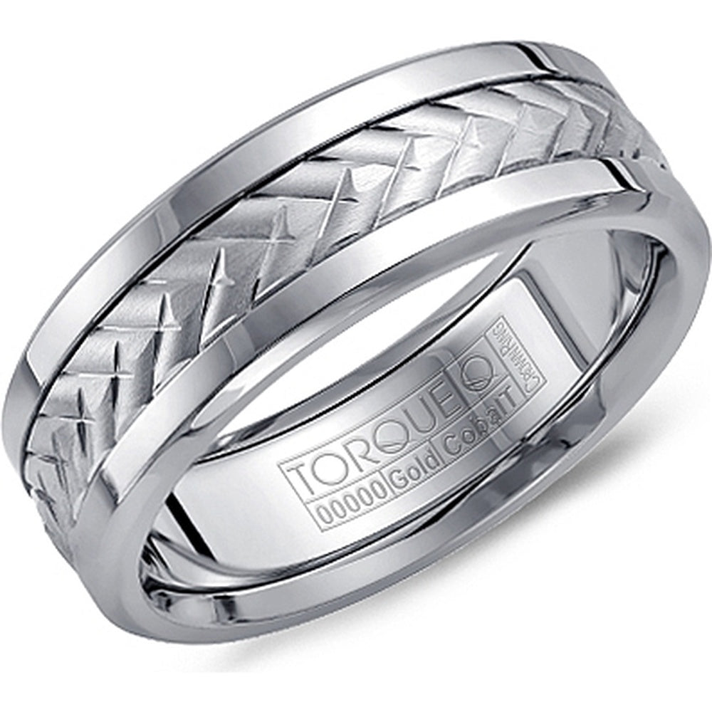 Torque Men's Wedding Band - White Cobalt with 14K White Gold Frosted Diamond-Cut Inlay and High Polish Bevel - 7.5mm Width from the Cobalt Collection
