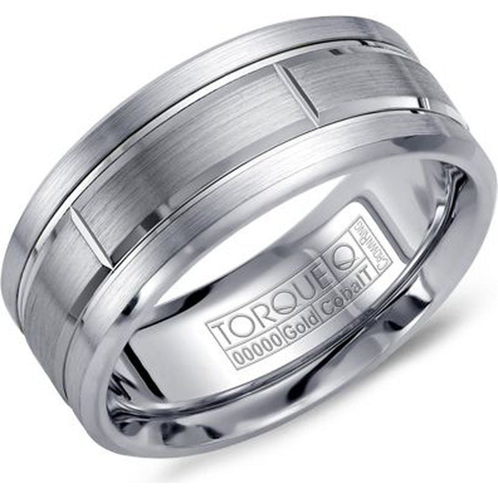 Torque Men's Wedding Band - White Cobalt with 14K White Gold Inlay and Brushed Sandpaper Finish - 9mm Width from the Cobalt Collection
