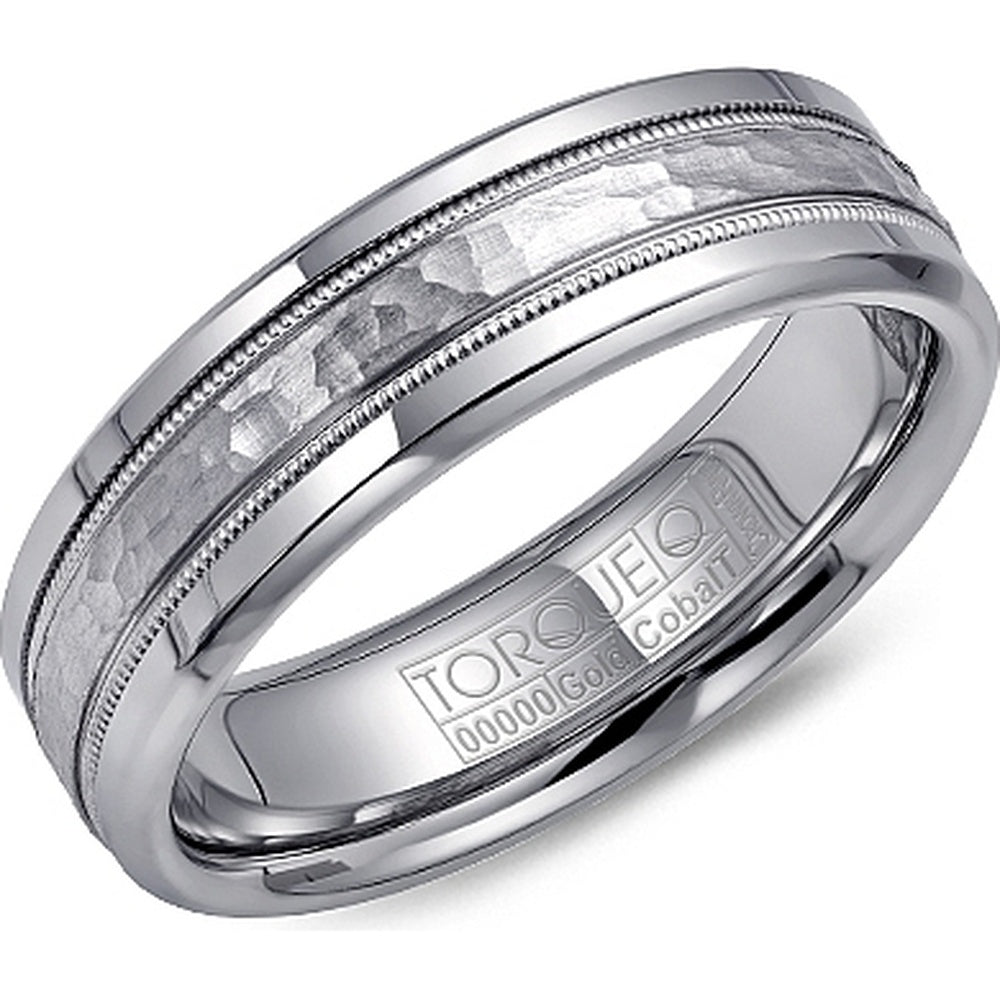 Torque Men's Wedding Band - White Cobalt with 14K White Gold Inlay and Hammered Frosted Center - 6mm Width from the Cobalt Collection