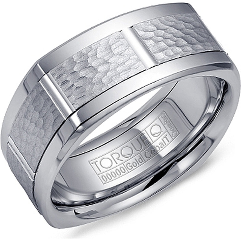 Torque Men's Wedding Band - White Cobalt with 14K White Gold Inlay and Hammered Sandblast Center - 9mm Width from the Cobalt Collection