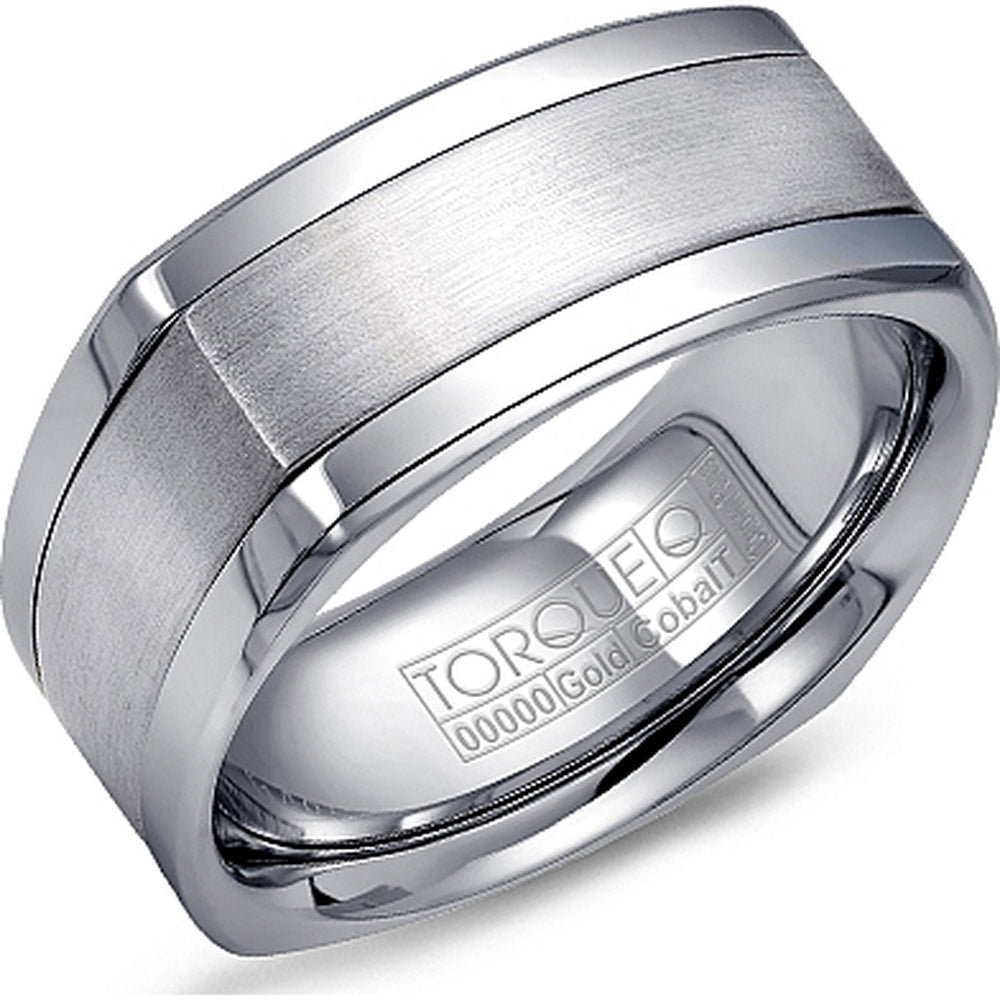Torque Men's Wedding Band - White Cobalt with 14K White Gold Inlay and Sandpaper Center - 9mm Width from the Cobalt Collection