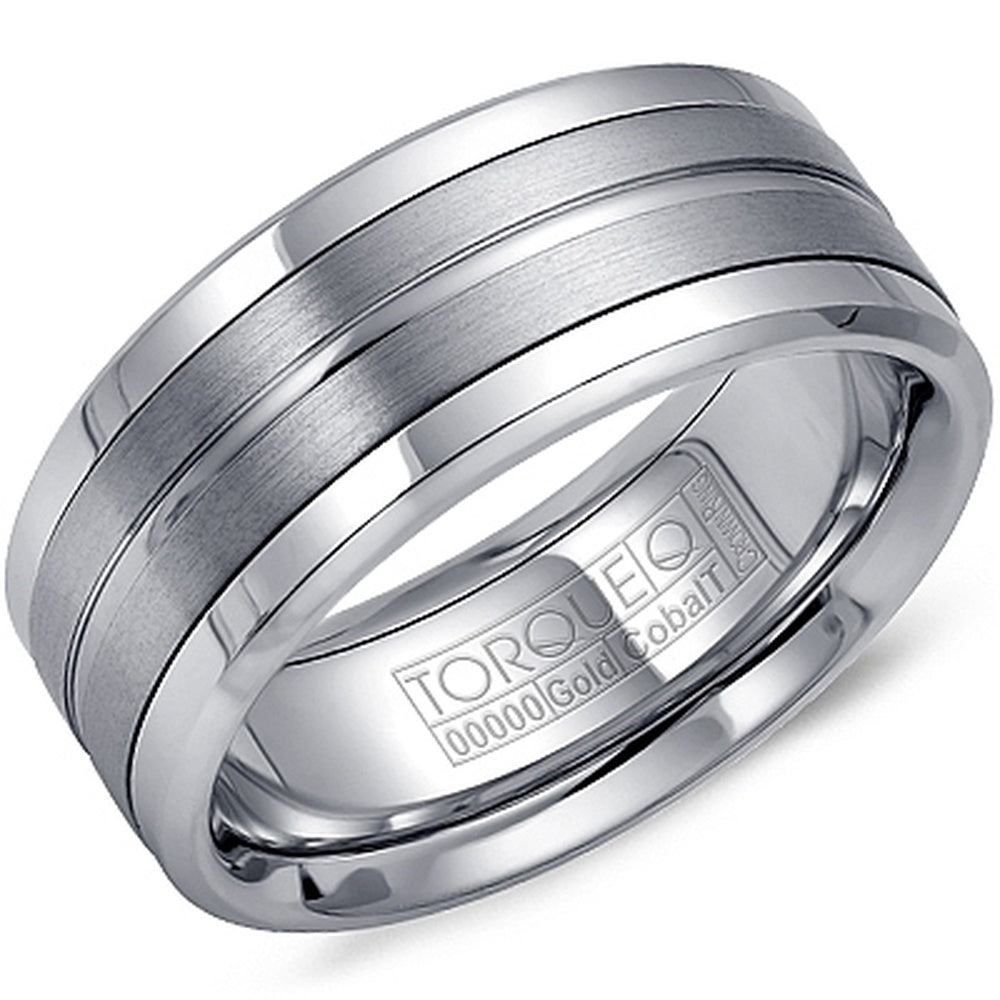 Torque Men's Wedding Band - White Cobalt with 14K White Gold Inlay and Triple Groove Design - 9mm Width from the Cobalt Collection