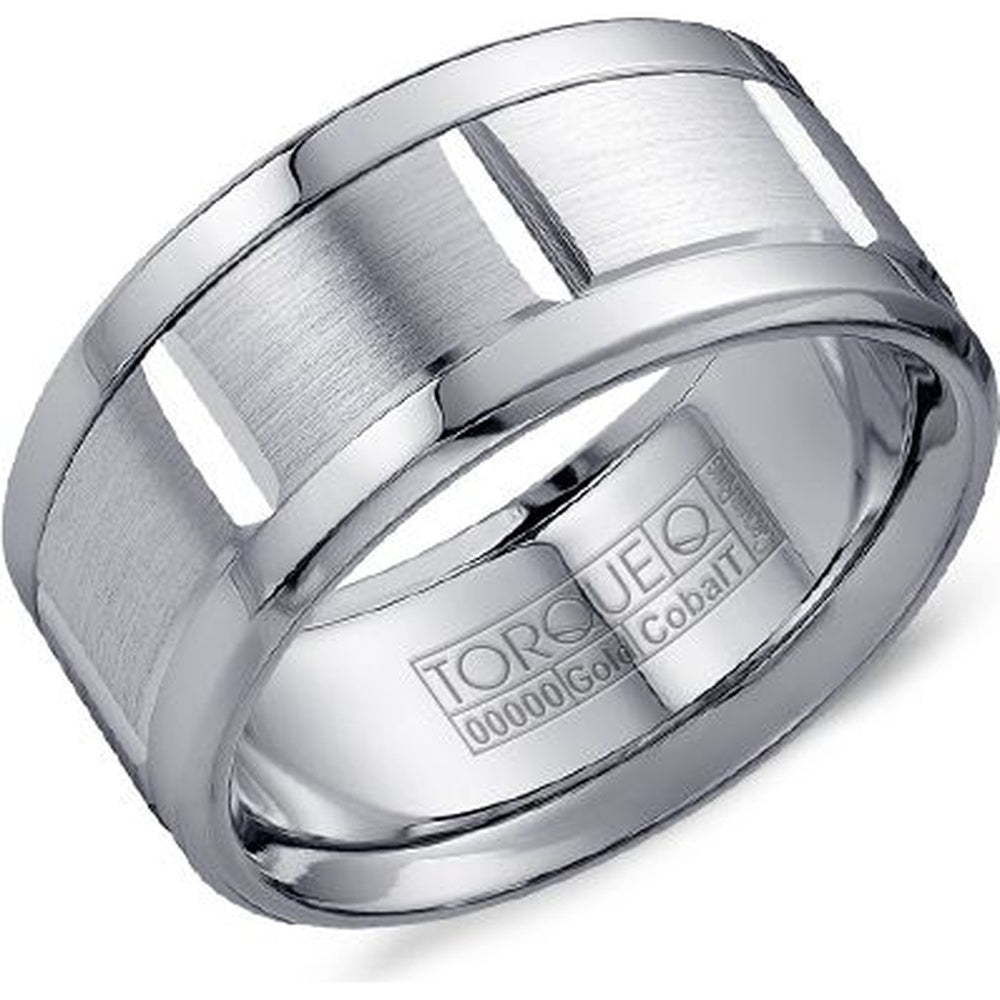 Torque Men's Wedding Band - White Cobalt with 14K White Gold Sandpaper Inlay and High Polish Edges - 10.5mm Width from the Cobalt Collection