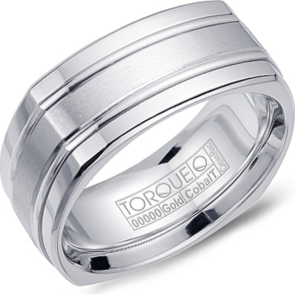 Torque Men's Wedding Band - White Cobalt with 14K White Gold Sandpaper Inlay and High Polish Grooves - 9mm Width from the Cobalt Collection