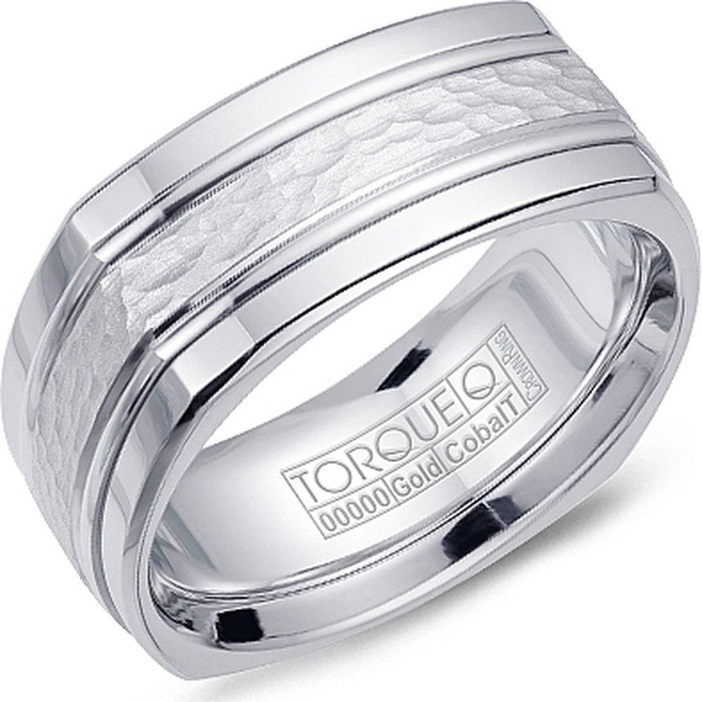 Torque Men's Wedding Band - White Cobalt with 14K White Gold Textured Inlay - 9mm Width from the Cobalt Collection