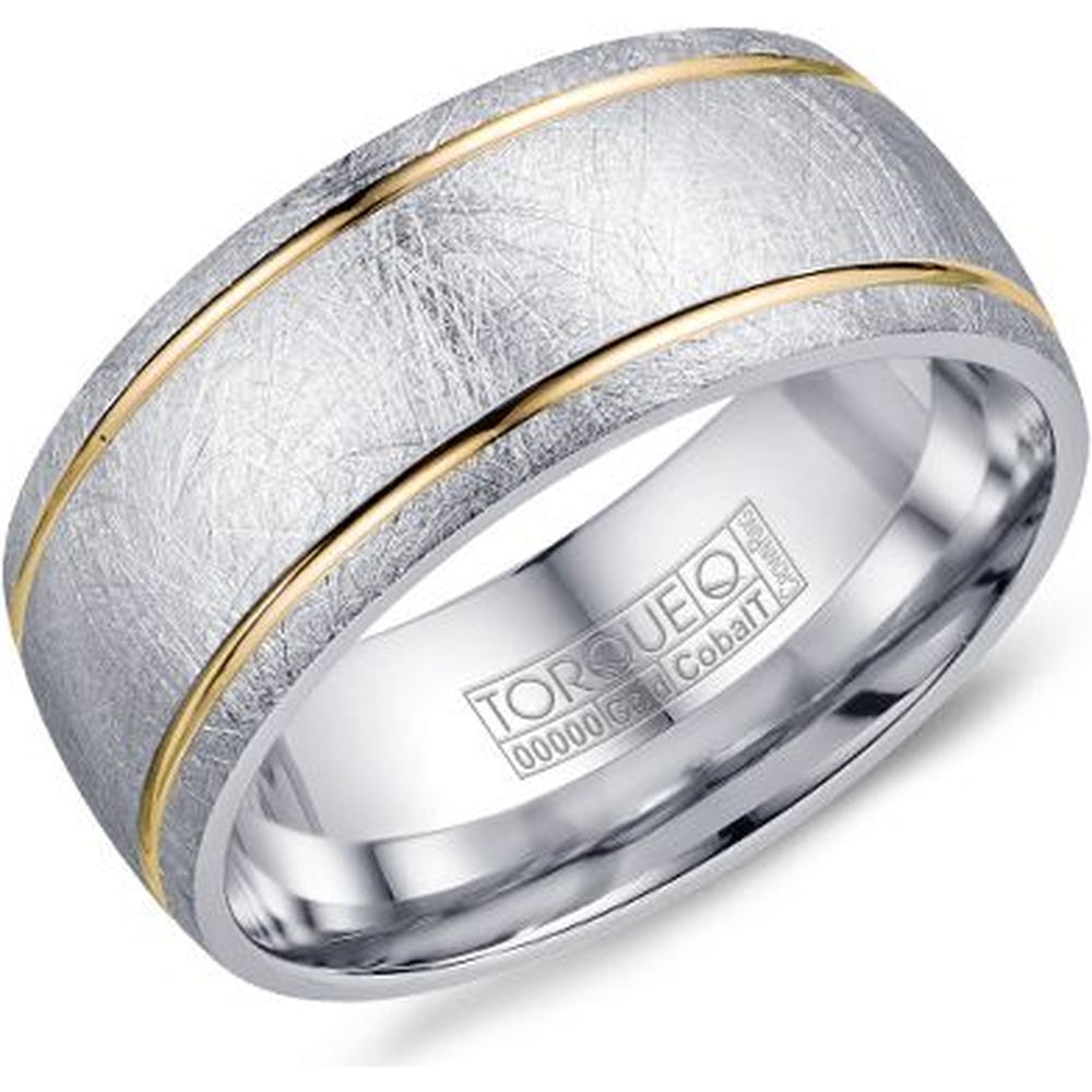 Torque Men's Wedding Band - White Cobalt with 14K Yellow Gold High Polish Lines and Diamond Brushed Finish - 9mm Width from the Cobalt Collection
