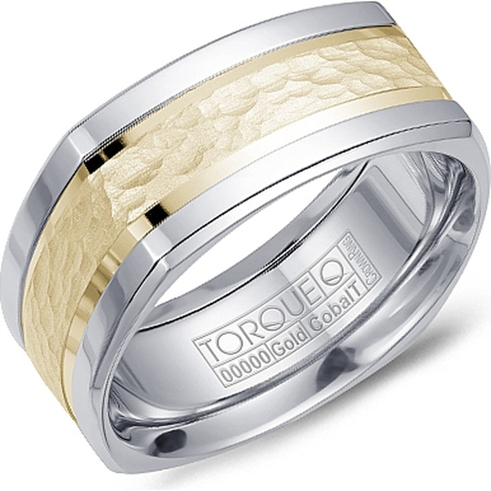 Torque Men's Wedding Band - White Cobalt with 14K Yellow Gold Sandblast Hammered Inlay and Beveled Edges - 9mm Width from the Cobalt Collection