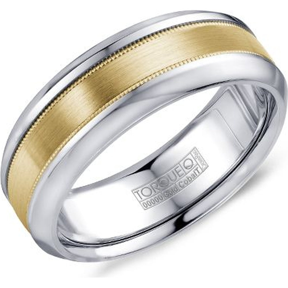 Torque Men's Wedding Band - White Cobalt with 14K Yellow Gold Sandpaper Inlay and Milgrain Detail - 7.5mm Width from the Cobalt Collection