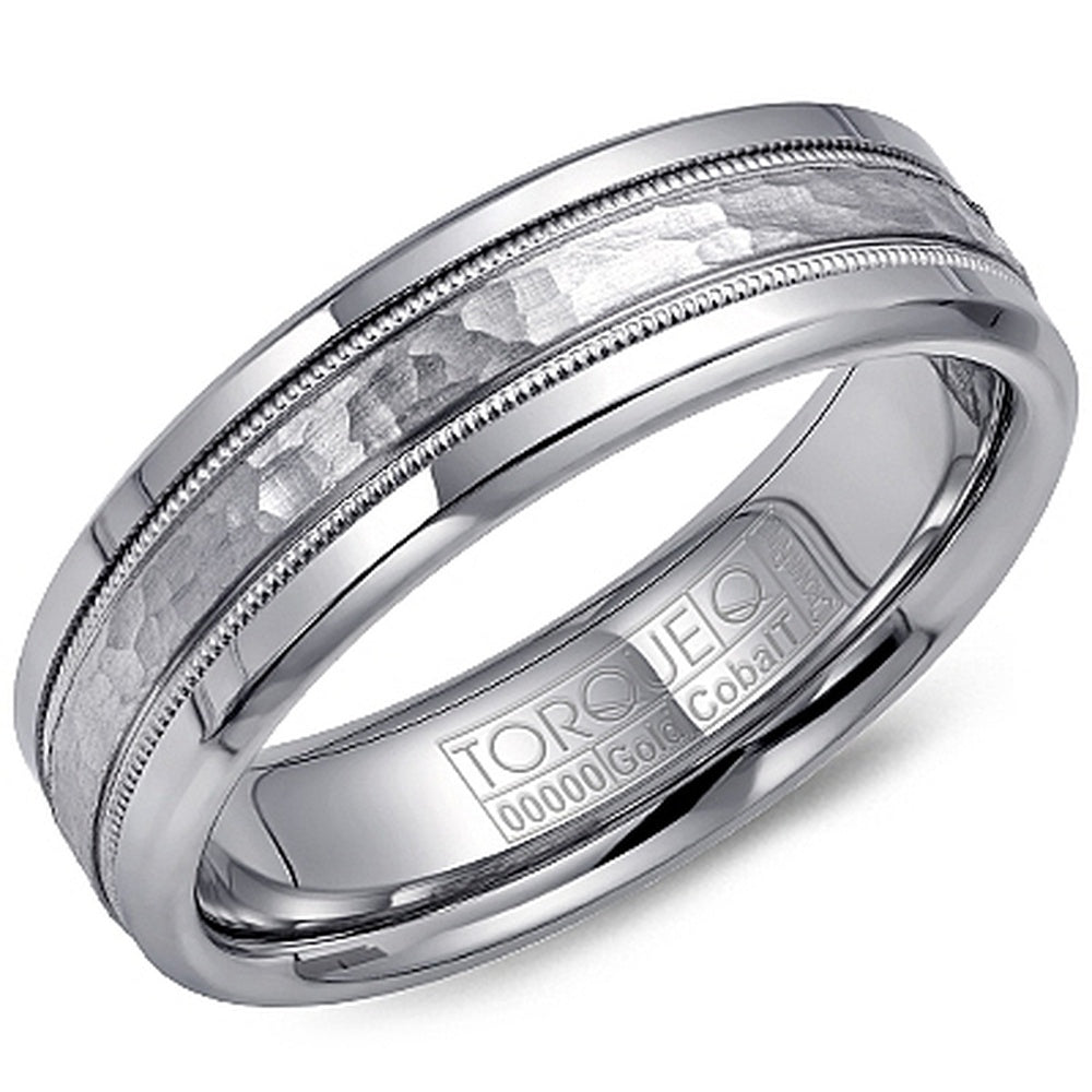 Torque Men's Wedding Band - White Cobalt with 18K White Gold Hammered Inlay and Milgrain Edge - 6mm Width from the Cobalt Collection