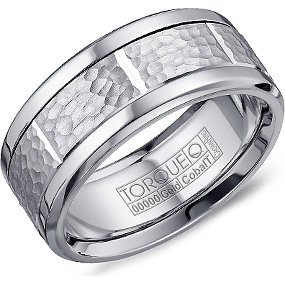 Torque Men's Wedding Band - White Cobalt with Hammered Frosted Center and 14K White Gold Inlay - 9mm Width from the Cobalt Collection