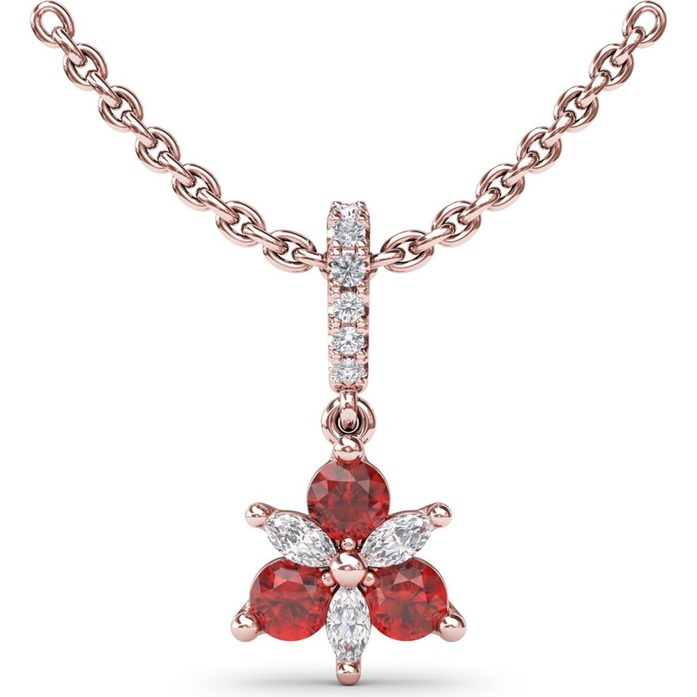 Trio Floral Pendant with Marquise Diamonds and Round Rubies by Fana - 0.45 Carat Total Gemstone Weight
