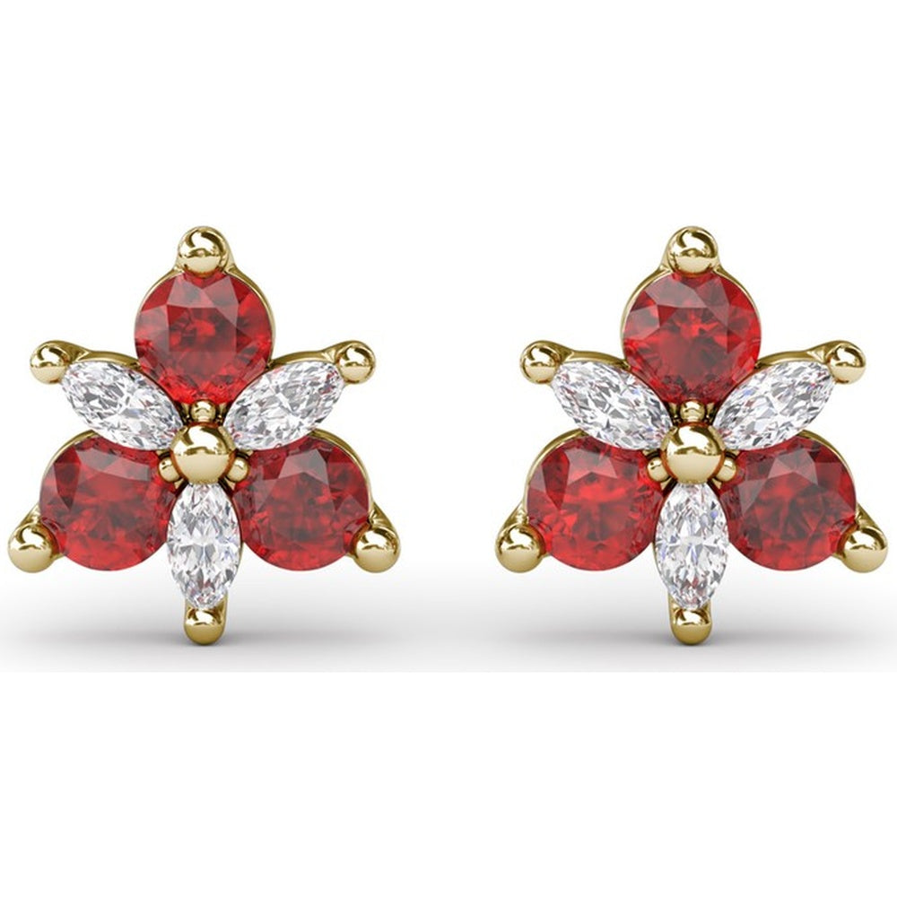 Trio Stud Earrings with Round Rubies and Marquise Diamonds by Fana - 0.82 Carat Total Gemstone Weight