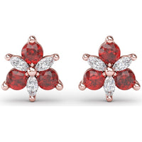 Trio Stud Earrings with Round Rubies and Marquise Diamonds by Fana - 0.82 Carat Total Gemstone Weight