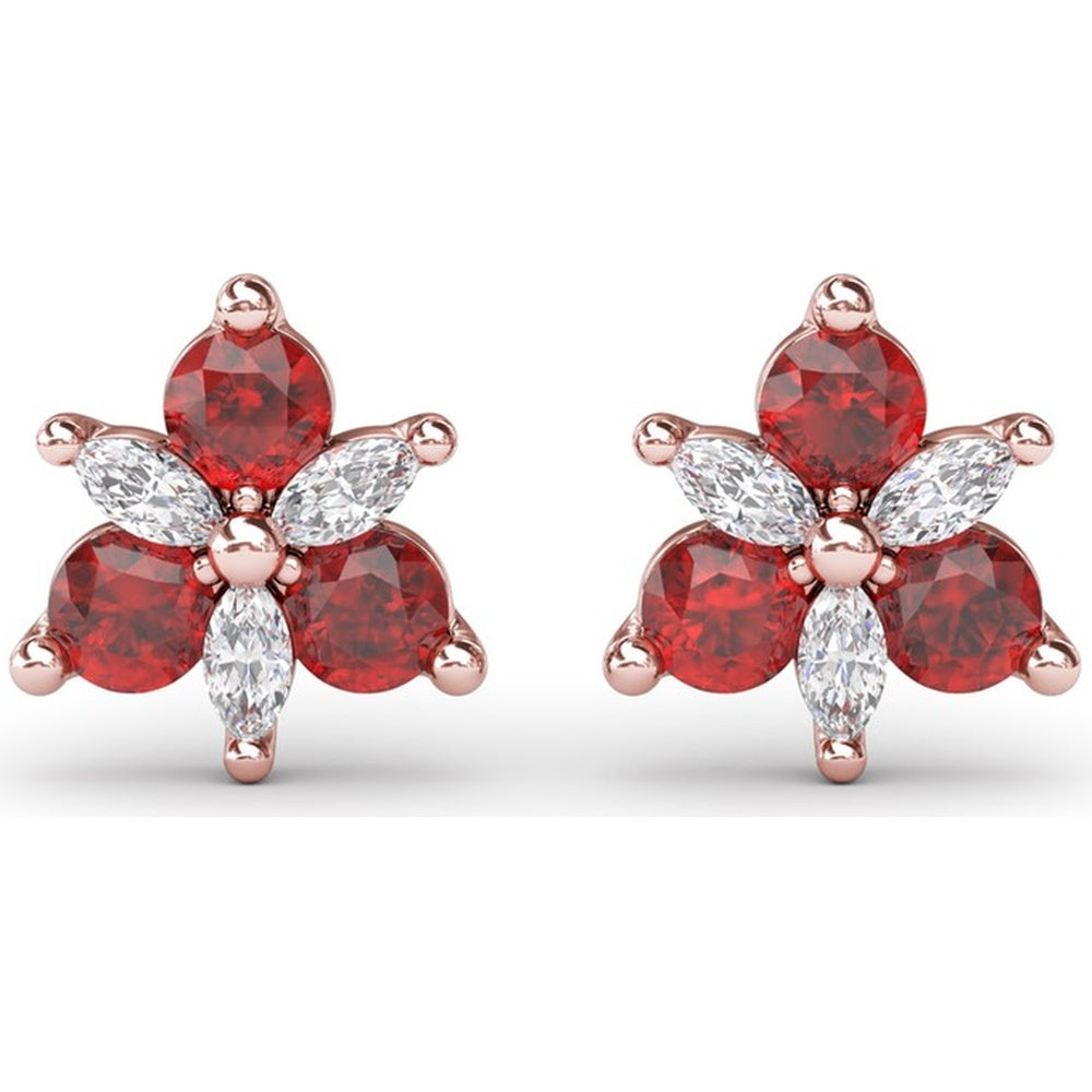 Trio Stud Earrings with Round Rubies and Marquise Diamonds by Fana - 0.82 Carat Total Gemstone Weight
