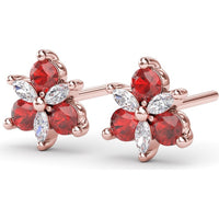 Trio Stud Earrings with Round Rubies and Marquise Diamonds by Fana - 0.82 Carat Total Gemstone Weight
