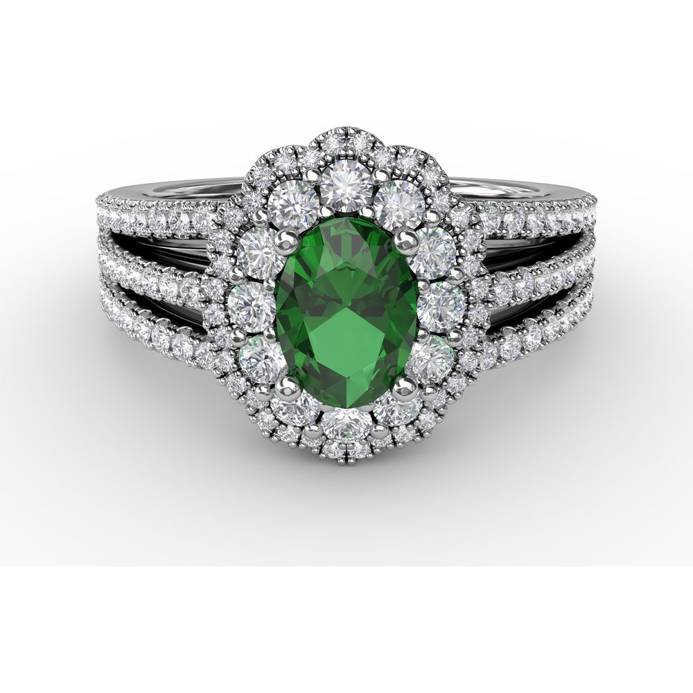 Triple Row Split Shank Ring with Double Halo Oval Emerald and Pavé Diamonds by Fana - 1.64 Carat Total Gemstone Weight
