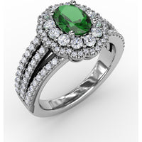 Triple Row Split Shank Ring with Double Halo Oval Emerald and Pavé Diamonds by Fana - 1.64 Carat Total Gemstone Weight