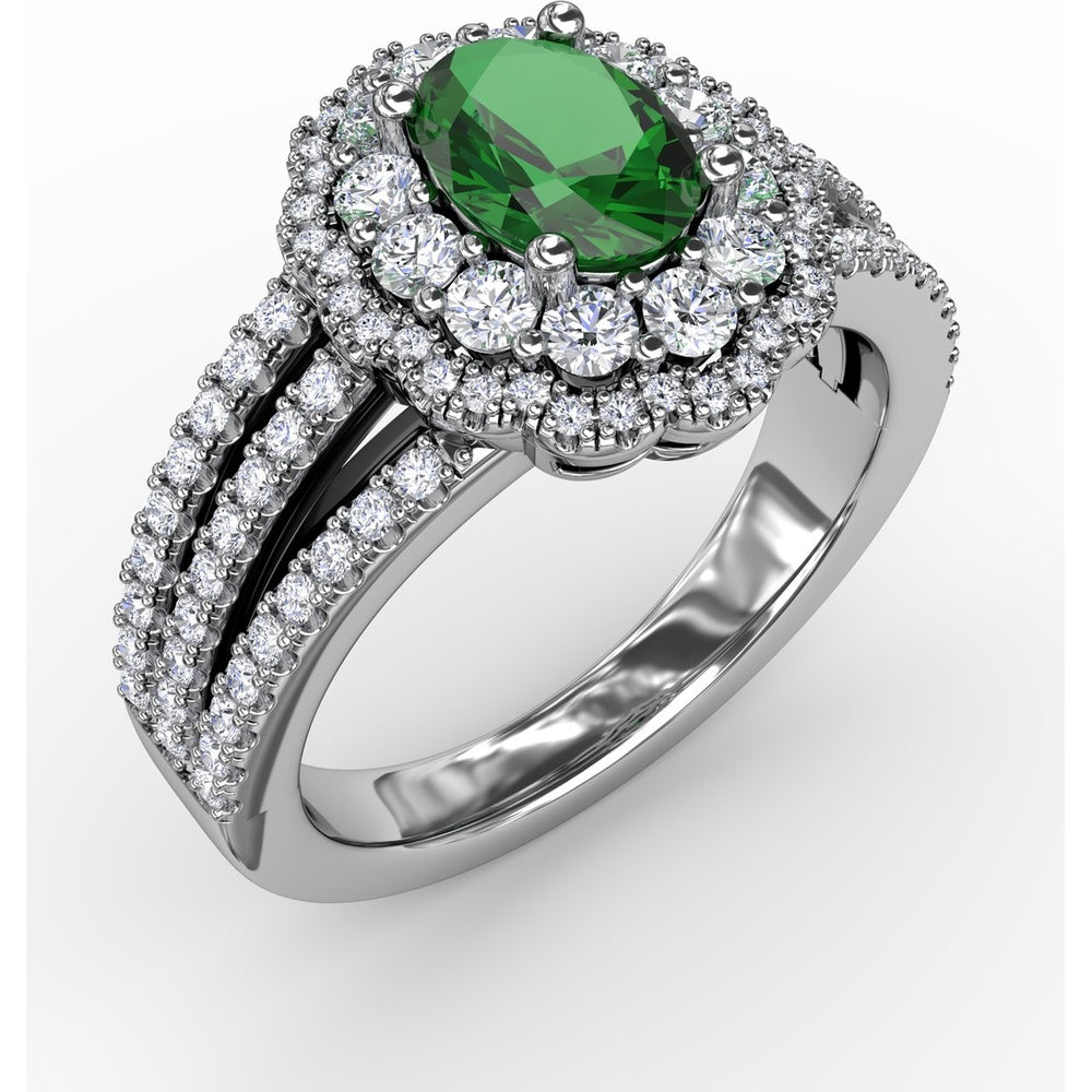 Triple Row Split Shank Ring with Double Halo Oval Emerald and Pavé Diamonds by Fana - 1.64 Carat Total Gemstone Weight