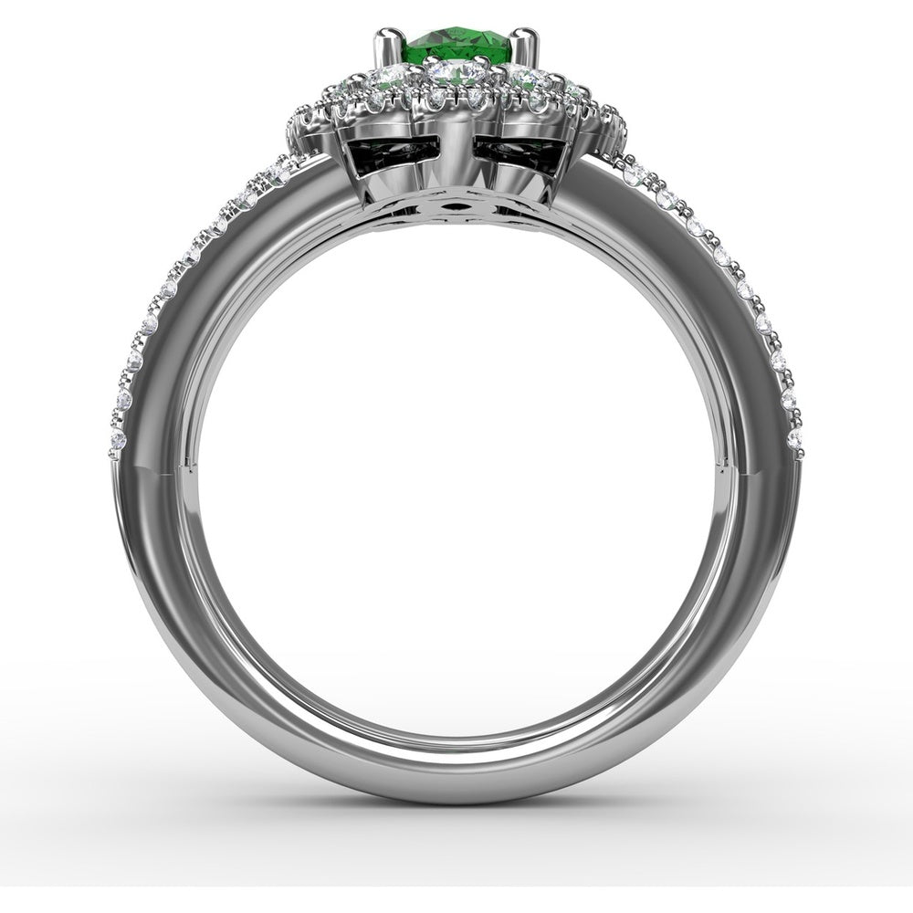 Triple Row Split Shank Ring with Double Halo Oval Emerald and Pavé Diamonds by Fana - 1.64 Carat Total Gemstone Weight