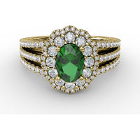 Triple Row Split Shank Ring with Double Halo Oval Emerald and Pavé Diamonds by Fana - 1.64 Carat Total Gemstone Weight