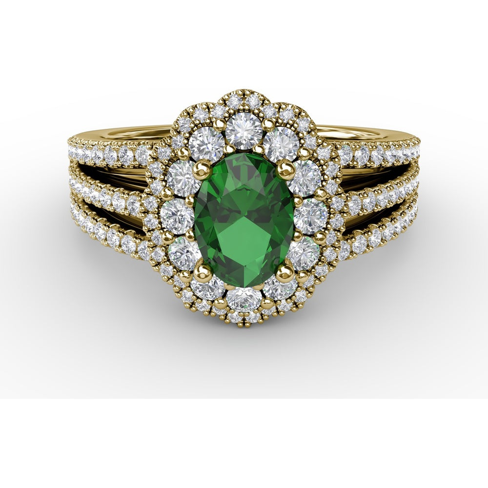 Triple Row Split Shank Ring with Double Halo Oval Emerald and Pavé Diamonds by Fana - 1.64 Carat Total Gemstone Weight