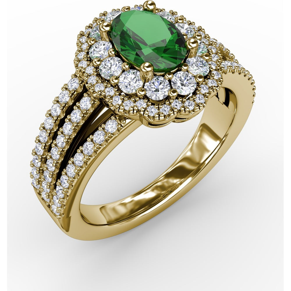 Triple Row Split Shank Ring with Double Halo Oval Emerald and Pavé Diamonds by Fana - 1.64 Carat Total Gemstone Weight