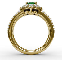Triple Row Split Shank Ring with Double Halo Oval Emerald and Pavé Diamonds by Fana - 1.64 Carat Total Gemstone Weight
