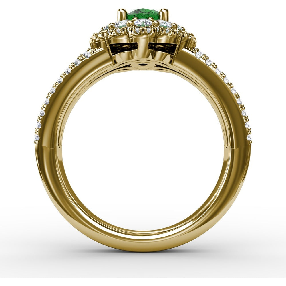 Triple Row Split Shank Ring with Double Halo Oval Emerald and Pavé Diamonds by Fana - 1.64 Carat Total Gemstone Weight