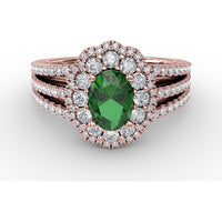 Triple Row Split Shank Ring with Double Halo Oval Emerald and Pavé Diamonds by Fana - 1.64 Carat Total Gemstone Weight