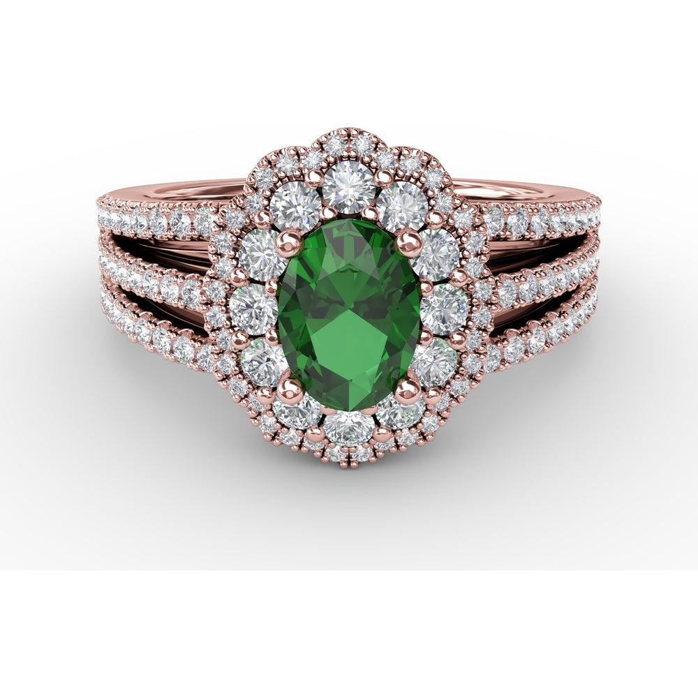 Triple Row Split Shank Ring with Double Halo Oval Emerald and Pavé Diamonds by Fana - 1.64 Carat Total Gemstone Weight