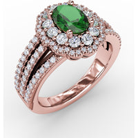 Triple Row Split Shank Ring with Double Halo Oval Emerald and Pavé Diamonds by Fana - 1.64 Carat Total Gemstone Weight