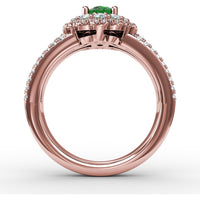 Triple Row Split Shank Ring with Double Halo Oval Emerald and Pavé Diamonds by Fana - 1.64 Carat Total Gemstone Weight