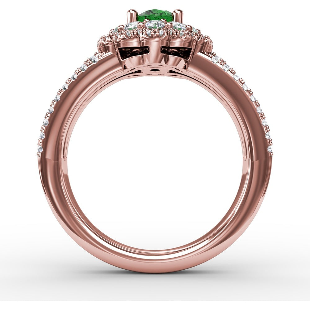 Triple Row Split Shank Ring with Double Halo Oval Emerald and Pavé Diamonds by Fana - 1.64 Carat Total Gemstone Weight