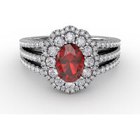 Triple Row Split Shank Ring with Double Halo Oval Ruby and Pavé Diamonds by Fana - 1.84 Carat Total Gemstone Weight